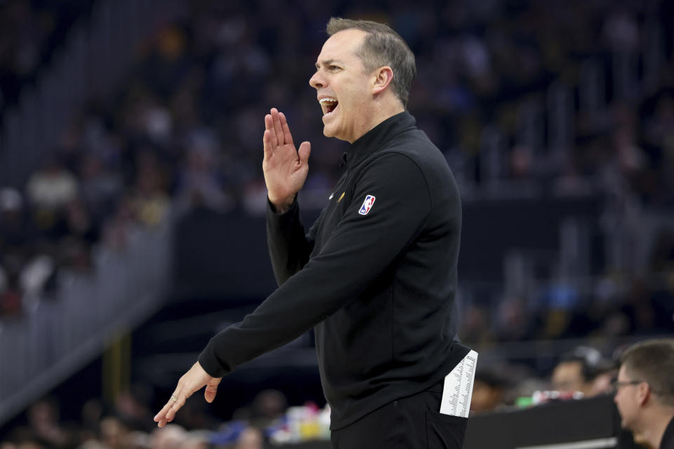 Phoenix Suns head coach Frank Vogel yells to his team during the first half of an NBA basketball game against the Golden State Warriors in San Francisco, Saturday, Feb. 10, 2024. (AP Photo/Jed Jacobsohn)