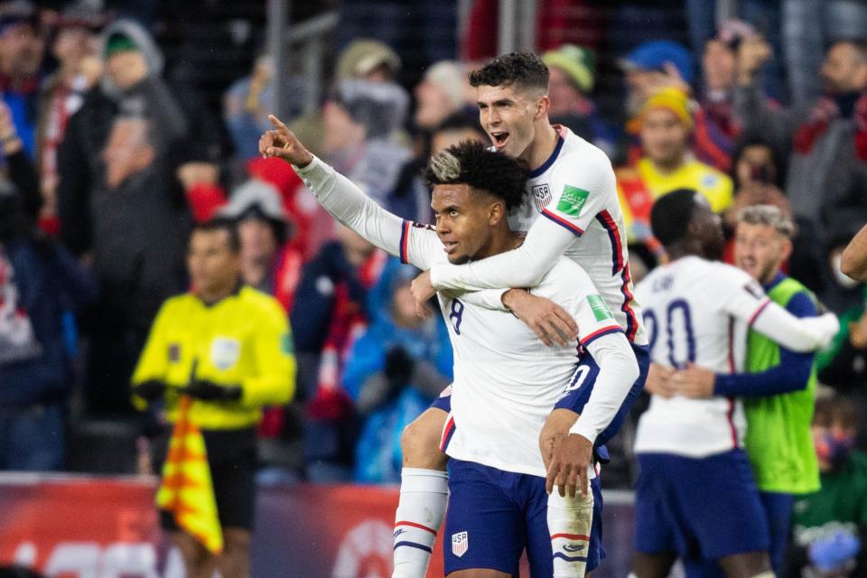 Midfielder Weston McKennie (8) celebrates his goal with forward Christian Pulisic (10) during Friday's FIFA World Cup Qualifier against the Mexico.