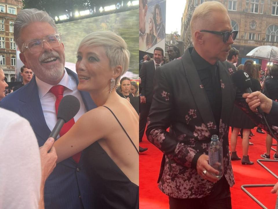 Christopher McQuarrie, Pom Klementieff, and Simon Pegg on the "Mission: Impossible - Dead Reckoning" red carpet.