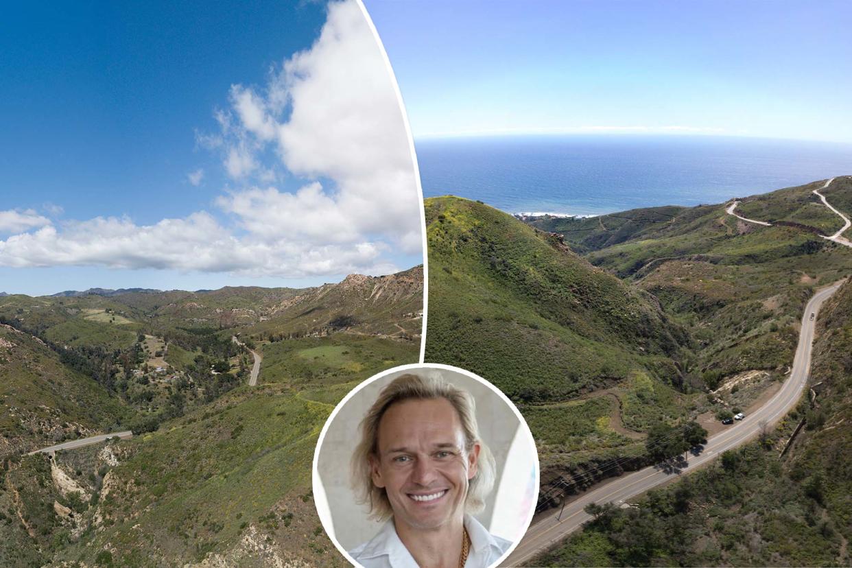 Inset of Frank Schilling and the 130 acres he's auctioning off in Malibu.