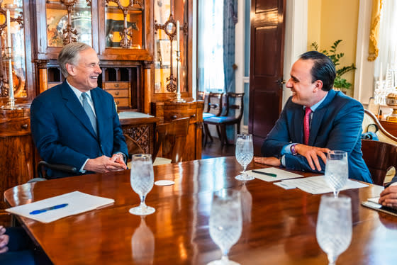 Texas Gov. Greg Abbott met Oct. 2, 2023, in Austin with Gov.-Elect Manolo Jimenez Salinas of the Mexican State of Coahuila. (Courtesy Office of Gov. Greg Abbott)