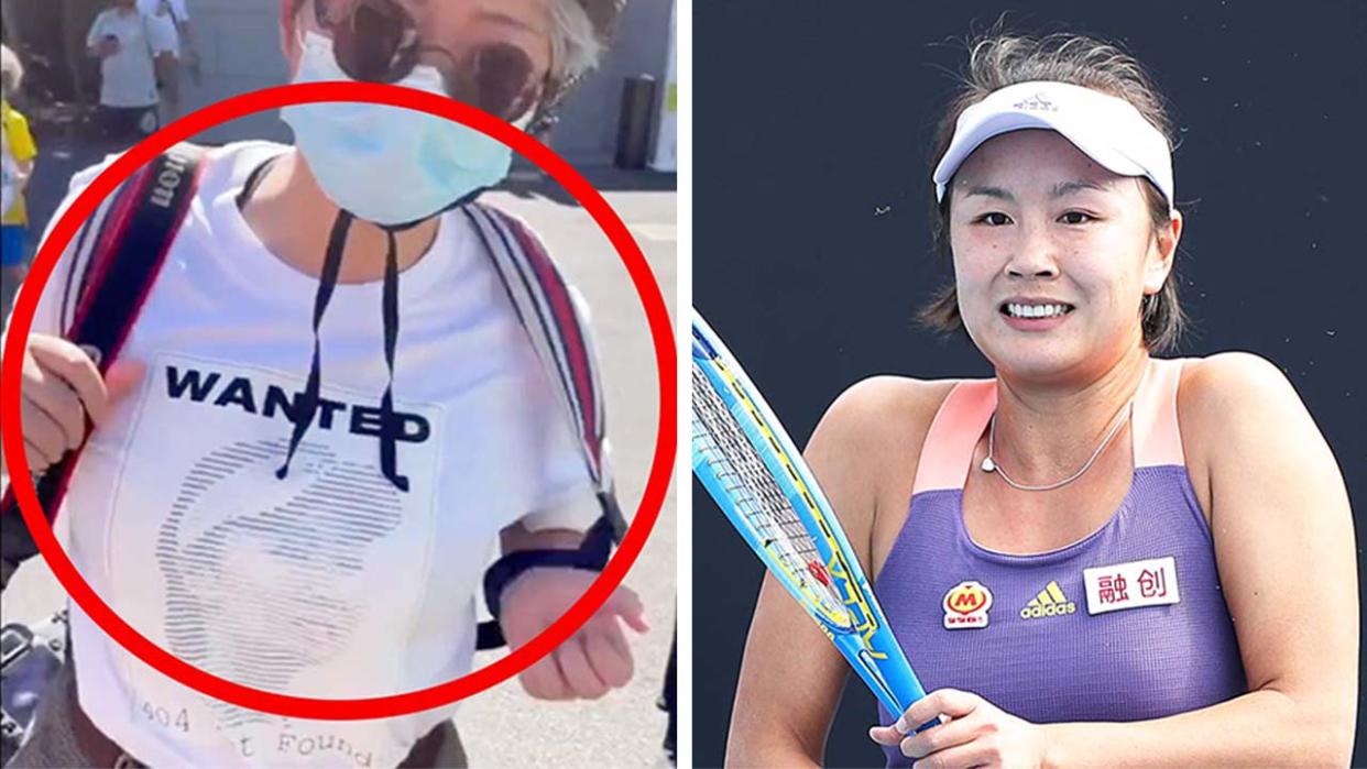 A spectator wearing a Peng Shuai t-shirt (pictured left) and (pictured right) tennis star Peng Shuai.