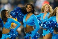 <p>The Carolina Panthers cheerleaders perform during the fourth quarter against the New Orleans Saints at Bank of America Stadium. The Panthers defeated the Saints 23-20. Mandatory Credit: Jeremy Brevard-USA TODAY Sports </p>