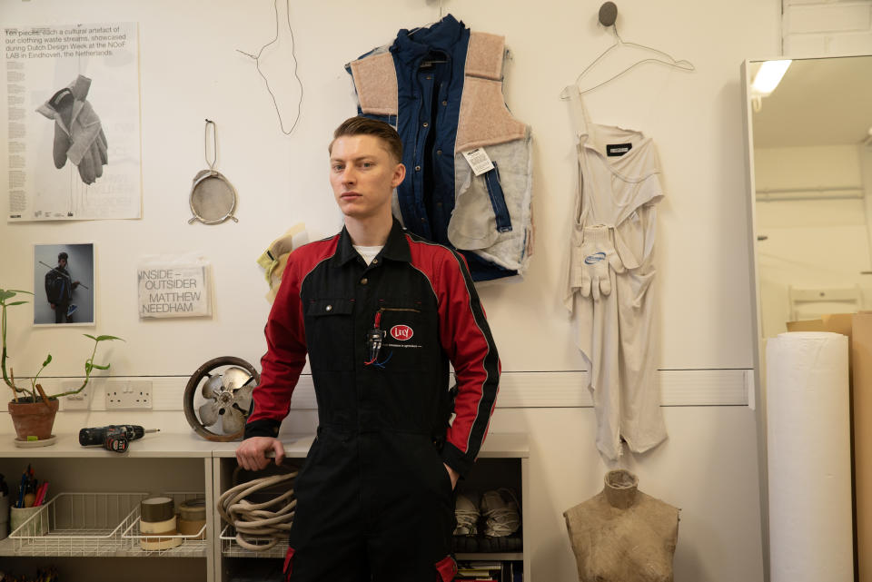 Matthew Needham in his studio at Sarabande in London. Needham is a designer and artist who focuses on upcycling and sustainability. - Credit: Courtesy image