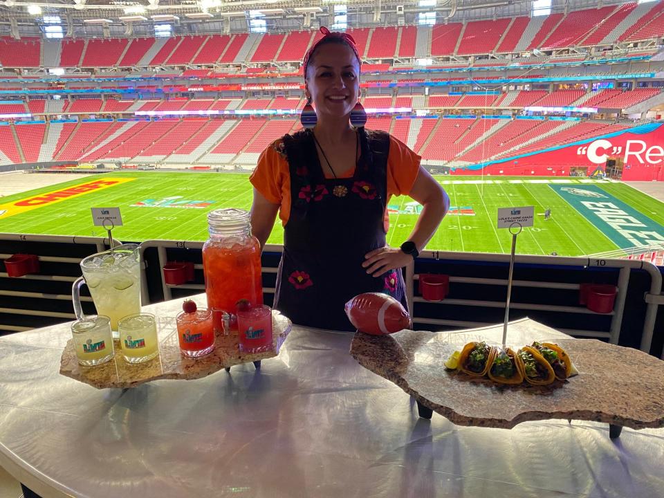 Lola Olivares of Lola's Tacos will sell her carne asada street tacos and aqua frescas on the fourth floor of State Farm Stadium on game day.