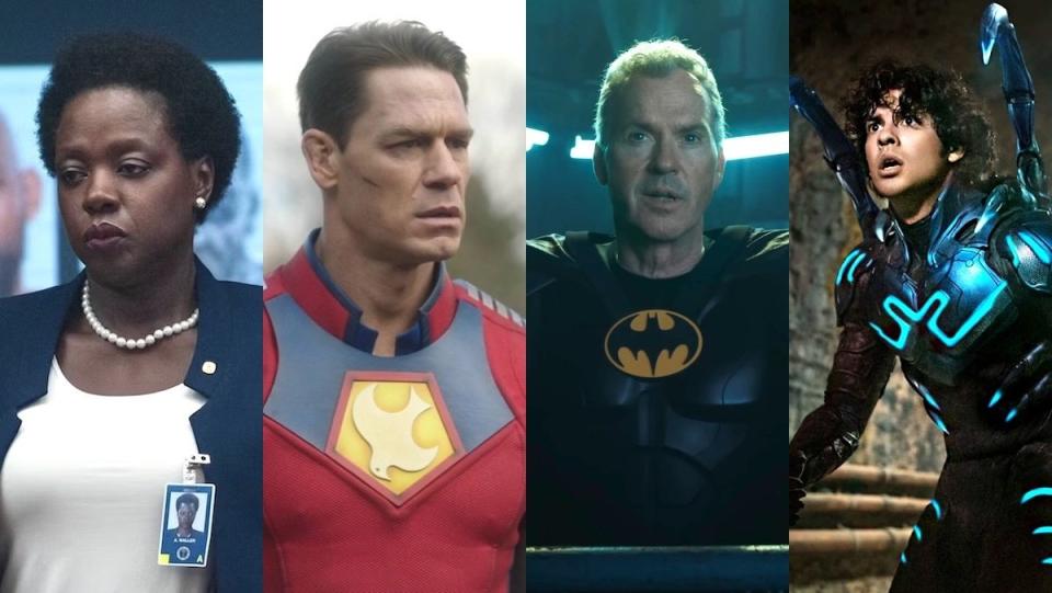 Viola Davis as Amanda Waller, John Cena as Peacemaker, Michael Keaton as Batman, and Xolo Maridueña as Blue Beetle