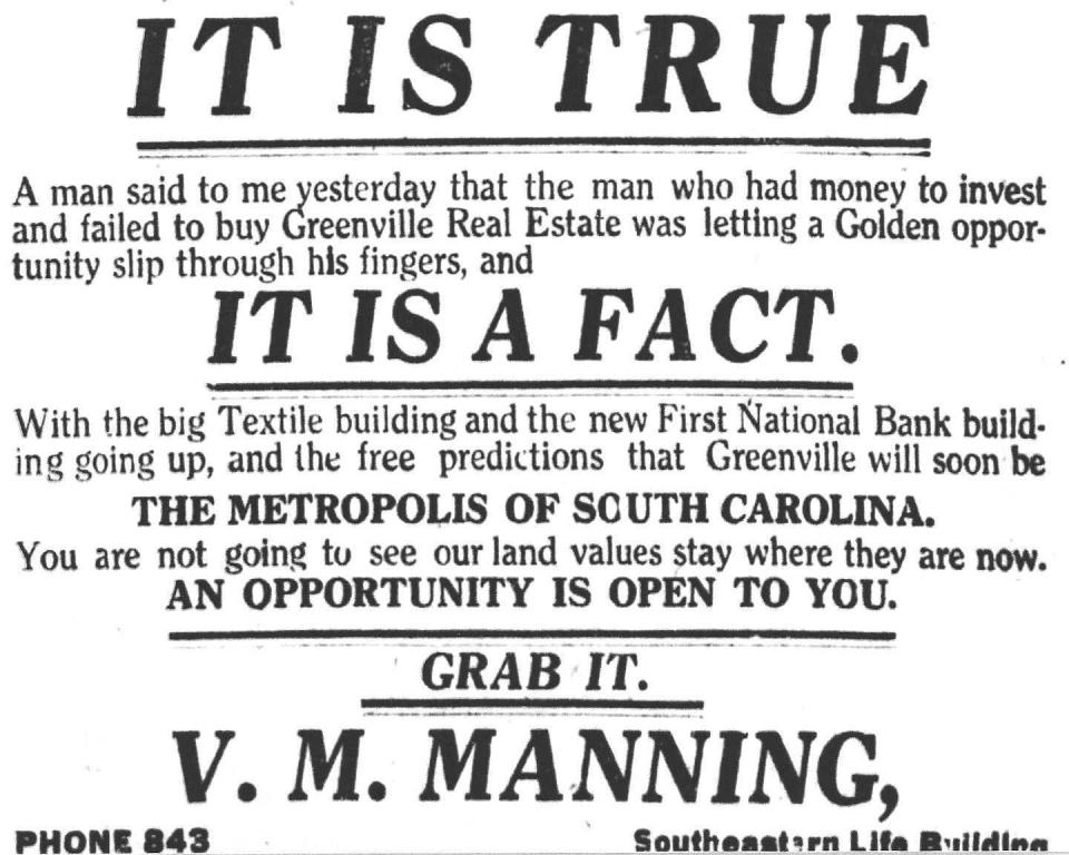 V. M. Manning foresaw Greenville's future prosperity in 1917 when Textile Hall was being built on West Washington Street and the Beatties were constructing a new home for the First National Bank at the corner of West McBee and South Main.
