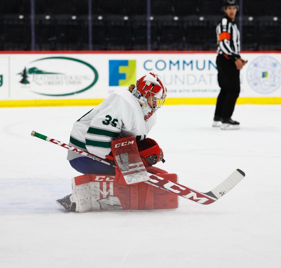 Free-agent camp invite Cami Kronish will be one of Boston's three goaltenders this season. She's pictured here in a pre-season game against Toronto.