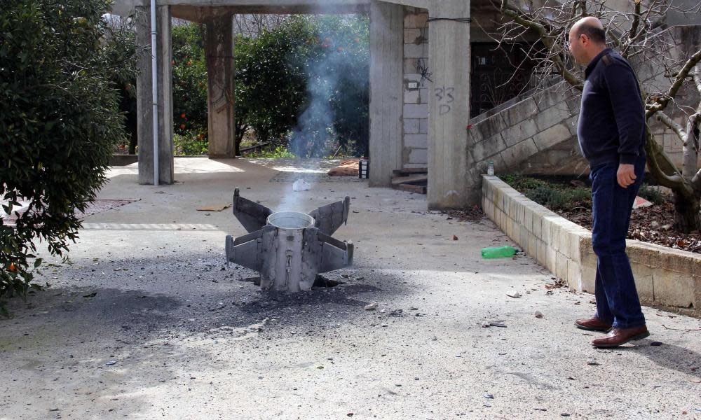 The remains of a missile that landed in the southern Lebanese village of Kaoukaba, near the border with Syria, after Israel’s military attacked 12 Syrian and Iranian targets inside Syria on 10 February. 