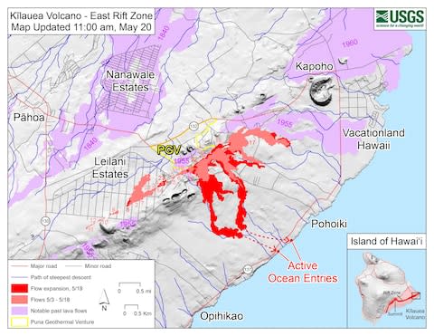 A map showing the lava flows coming from Kilauea