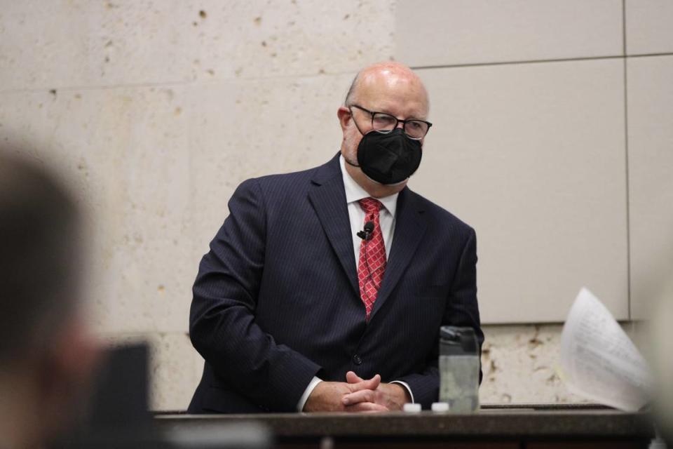 Defense attorney Robert Sanger, who is representing Paul Flores in the Kristin Smart murder trial, appears inside the Montery County Superior Court in Salinas on Aug. 16, 2022. Flores is charged with Smart’s murder.