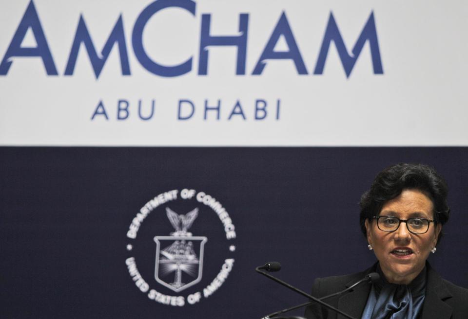 U.S. Secretary of Commerce, Penny Pritzker, speaks during a business conference in Abu Dhabi, United Arab Emirates, Sunday, March 9, 2014. Pritzker is in the Gulf meeting with officials in the United Arab Emirates, Saudi Arabia and Qatar with a message that the United States is open for business. (AP Photo/Kamran Jebreili)