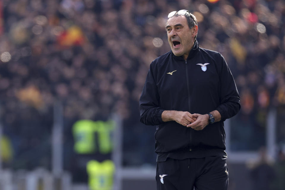 Lazio coach Maurizio Sarri shouts instructions, during the Italian Serie A soccer match between Lazio Rome and US Lecce, at Olympic stadium, in Rome, Sunday, Jan. 14, 2024. (Alessandro Garofalo/LaPresse via AP)