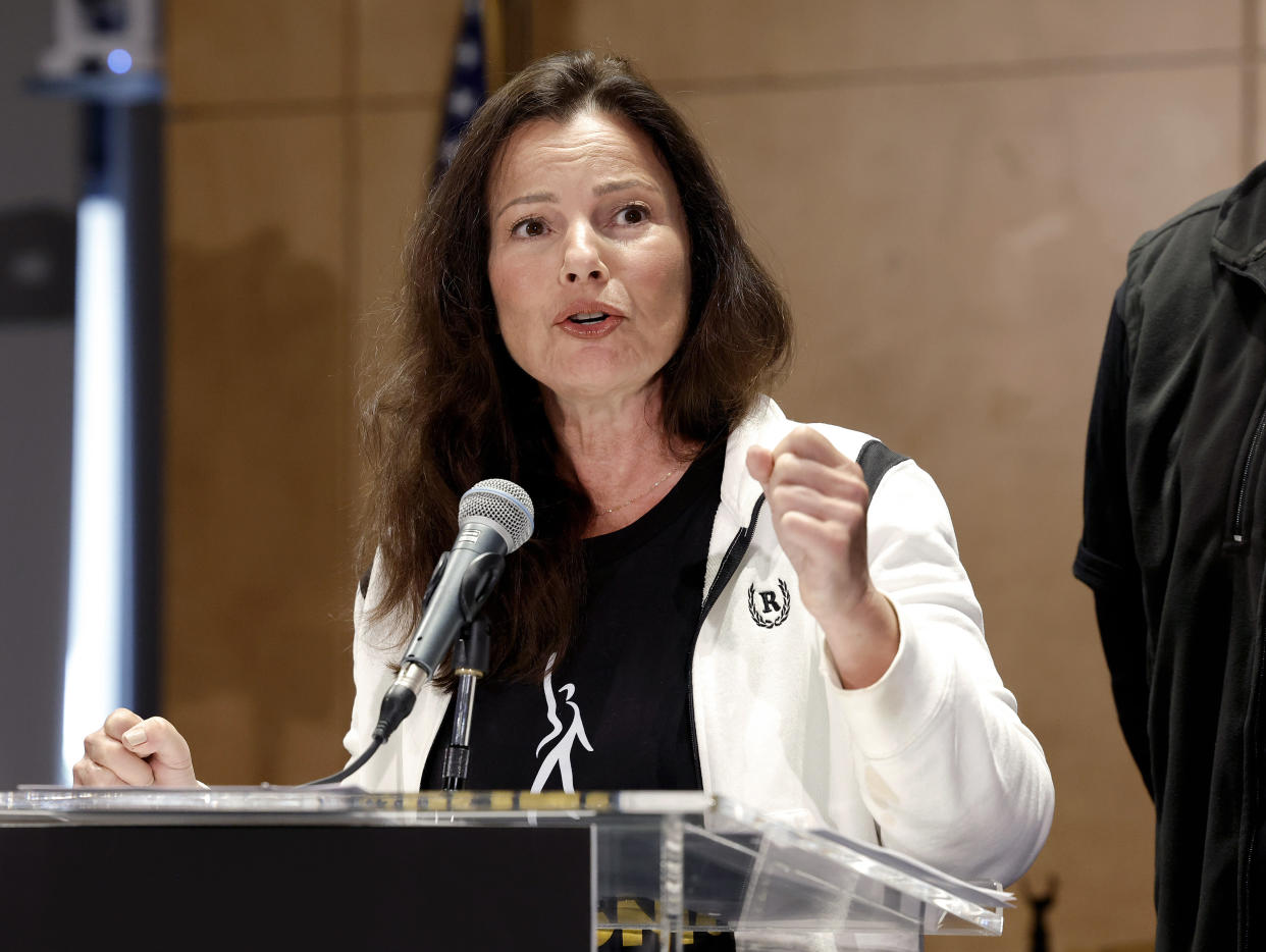 LOS ANGELES, CALIFORNIA - JULY 13: SAG President Fran Drescher speaks as SAG-AFTRA National Board holds a press conference for vote on recommendation to call a strike regarding the TV/Theatrical contract at SAG-AFTRA on July 13, 2023 in Los Angeles, California. (Photo by Frazer Harrison/Getty Images)