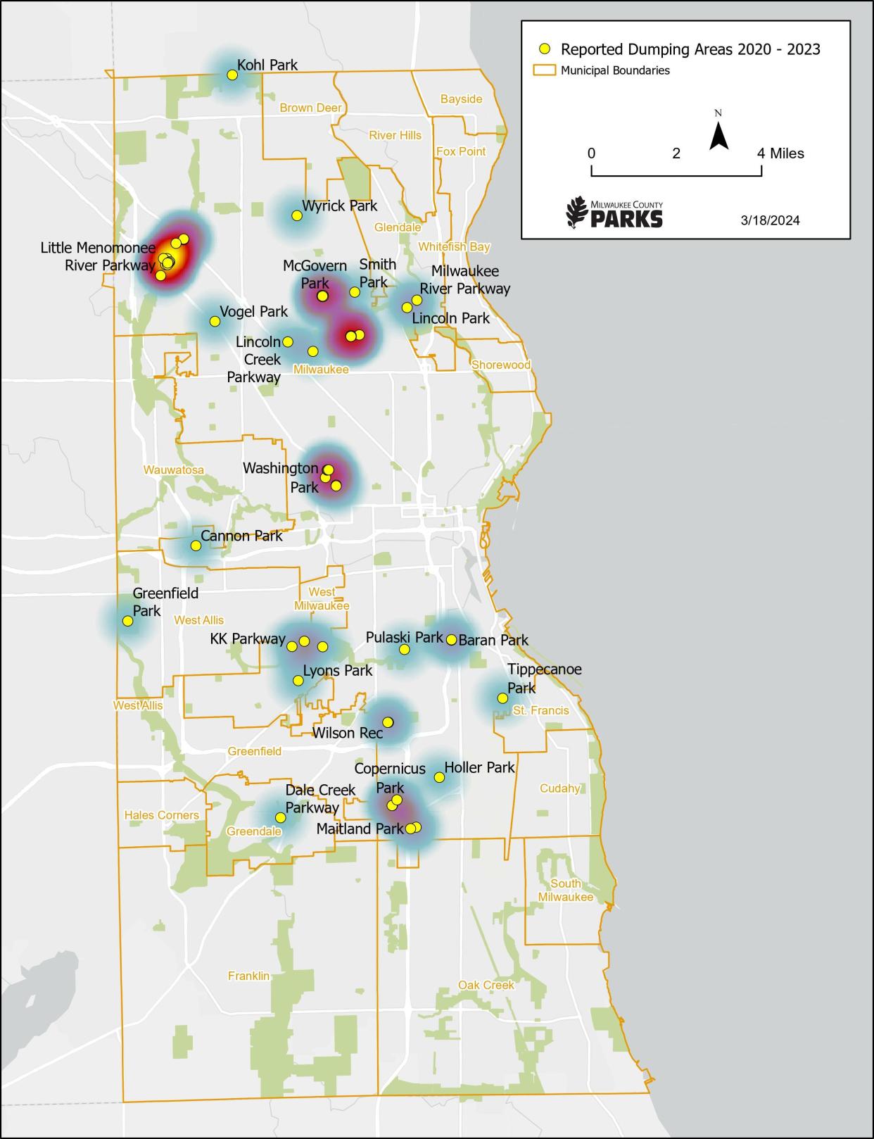 Reported dumping areas across Milwaukee County between 2020 and 2023.