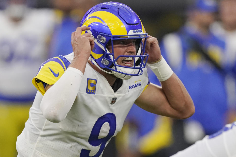 Los Angeles Rams quarterback Matthew Stafford (9) yells out a play during the first half of an NFL football game against the Buffalo Bills Thursday, Sept. 8, 2022, in Inglewood, Calif. (AP Photo/Mark J. Terrill)