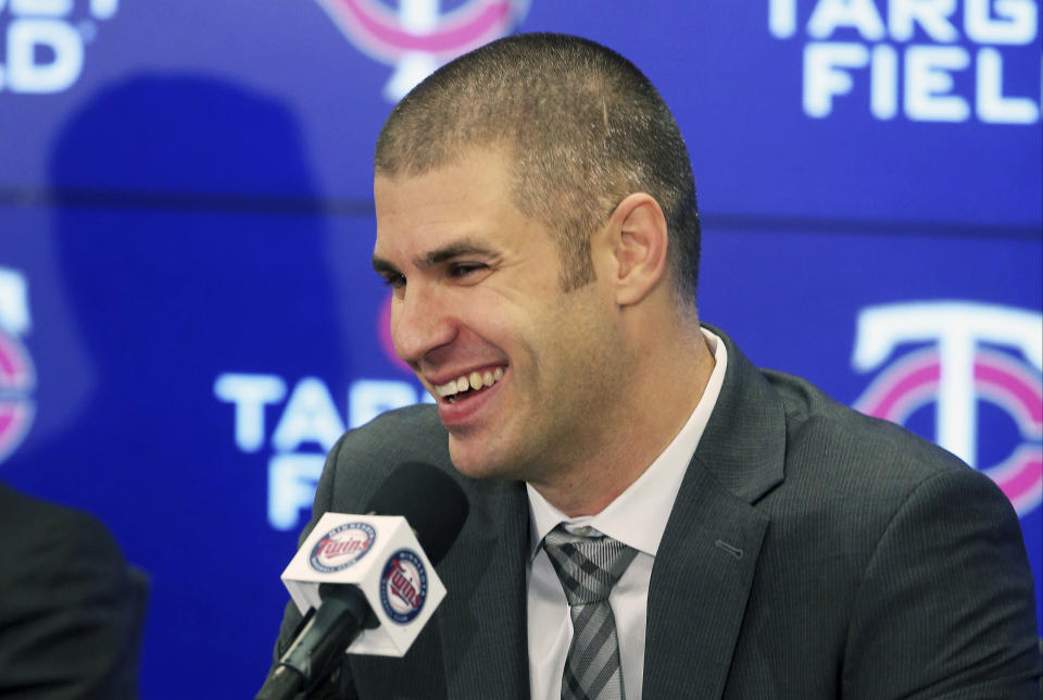 Minnesota Twins' Joe Mauer takes a question during his baseball retirement news conference Monday, Nov. 12, 2018, in Minneapolis, after playing 15 major league seasons, all with the Twins. (AP Photo/Jim Mone)