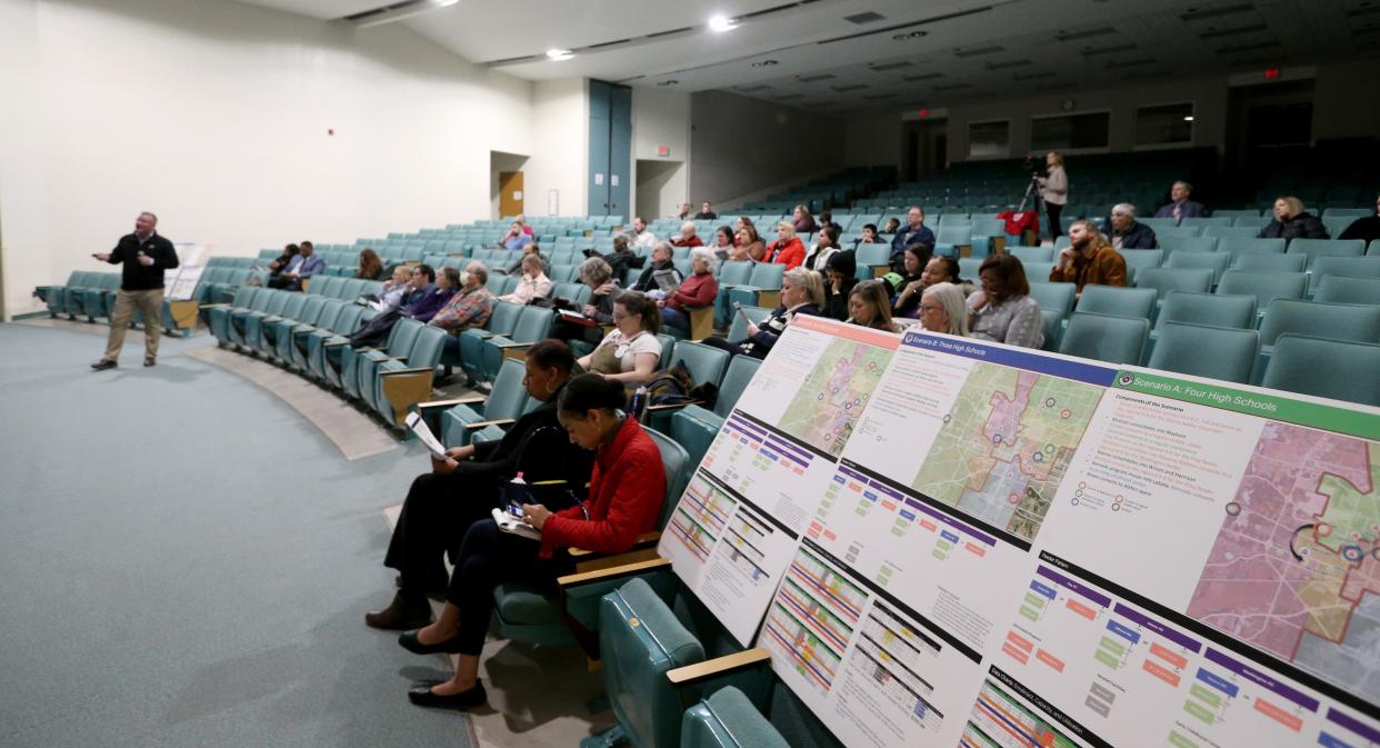 About 50 people attend Tuesday, Feb. 7, 2023, at the information session for the South Bend school district’s long-range facilities master plan at Edison Intermediate Center in South Bend.
