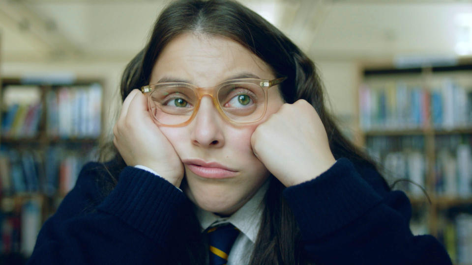 This image released by IFC Films shows Beanie Feldstein in a scene from the comedy "How to Build a Girl." (IFC Films via AP)