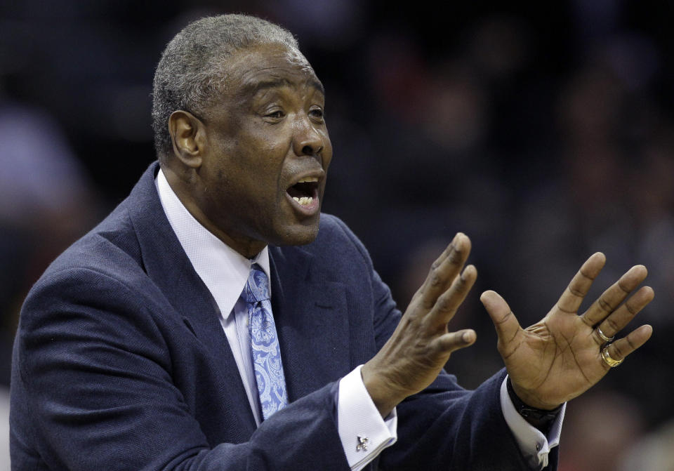 FILE - Charlotte Bobcats coach Paul Silas argues a call during the first half of an NBA basketball game against the Chicago Bulls in Charlotte, N.C., April 18, 2012. Silas, a member of three NBA championship teams, has died, his family announced Sunday, Dec. 11, 2022. He was 79. (AP Photo/Chuck Burton, file)