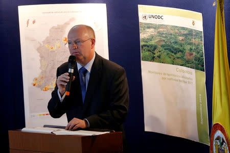 Bo Mathiasen, Representative of the United Nations Office on Drugs and Crime in Colombia (UNODC), speaks during a news conference in Bogota, Colombia September 19, 2018. REUTERS/Luisa Gonzalez