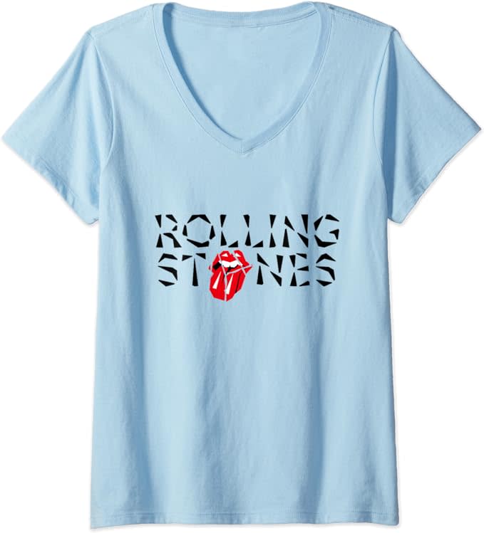 light blue v-neck t-shirt with rolling stones logo in center