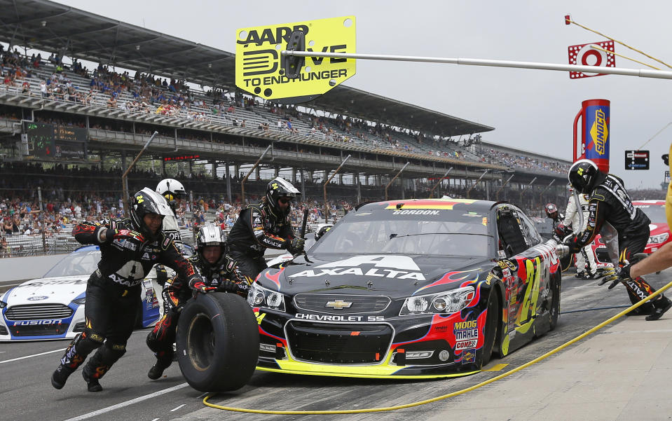 Jeff Gordon pits during the Brickyard 400 auto race at Indianapolis Motor Speedway in Indianapolis, Sunday, July 27, 2014. (AP Photo/Robert Baker)