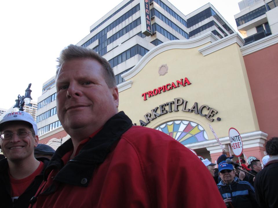 Bob McDevitt, president of Local 54 of the unite-HERE casino union at a protest outside the Tropicana Casino and Resort in Atlantic City N.J. on April 5, 2012. His union joined with the teamsters and the United Auto Workers on April 30, 2012 to launch a drive to unionize the new Revel casino resort, where most customer service jobs are non-union. (AP Photo/Wayne Parry)