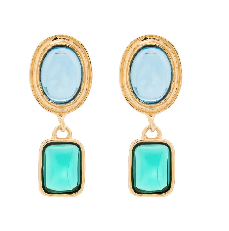 These gold-plated Mondo Mondo Jelly drop earrings are crafted in the USA from plated brass and spotlight a circular blue stone at the base, with an additional square green stone pendant.