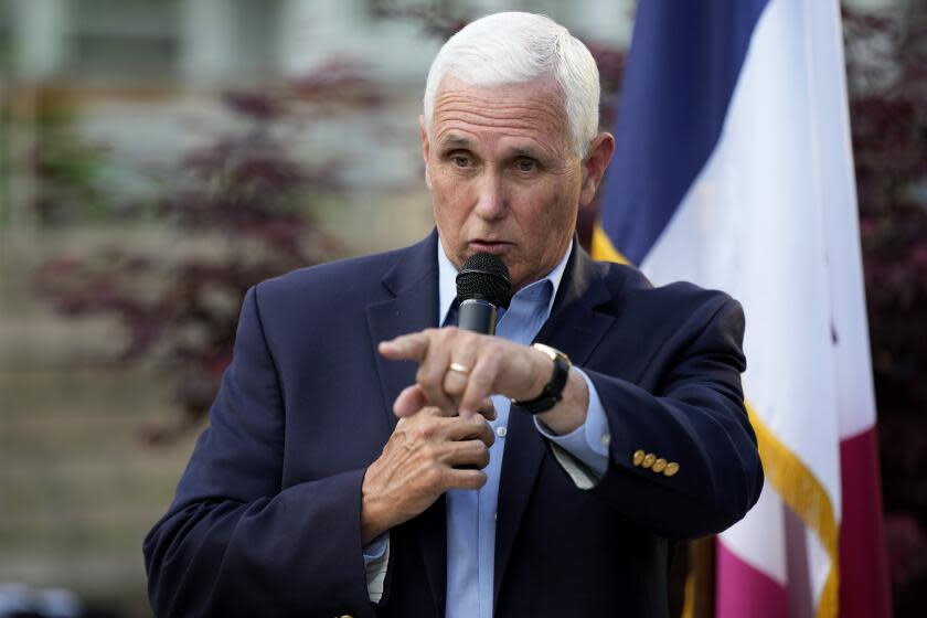 Former Vice President Mike Pence speaks to local residents during a meet and greet, Tuesday, May 23, 2023, in Des Moines, Iowa. (AP Photo/Charlie Neibergall)