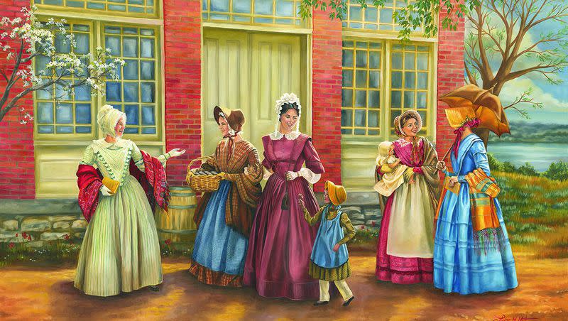 “The First Relief Society Meeting” a painting by Lynde Mott of Lehi. She has done a series of paintings of women in Nauvoo.