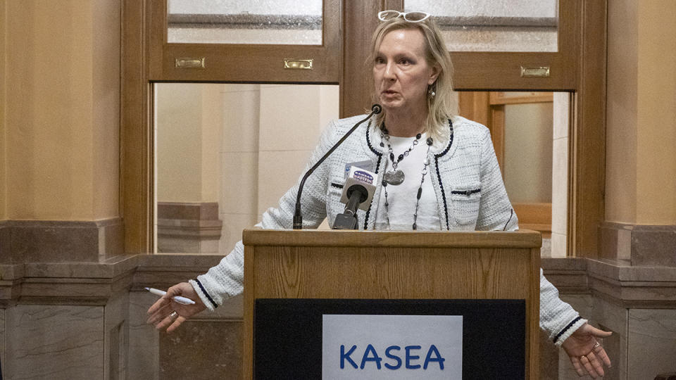 Shannon Kimball, president of Lawrence school board, asks lawmakers to fund special education services during a news conference Nov. 10, 2022, at the Statehouse in Topeka. (Sherman Smith/Kansas Reflector)