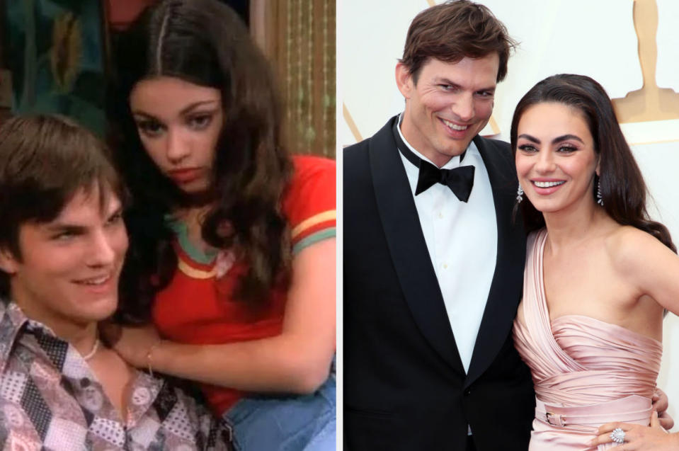 On the left, Jackie and Kelso on That '70s Show; on the right, Ashton Kutcher and Mila Kunis at the Oscars