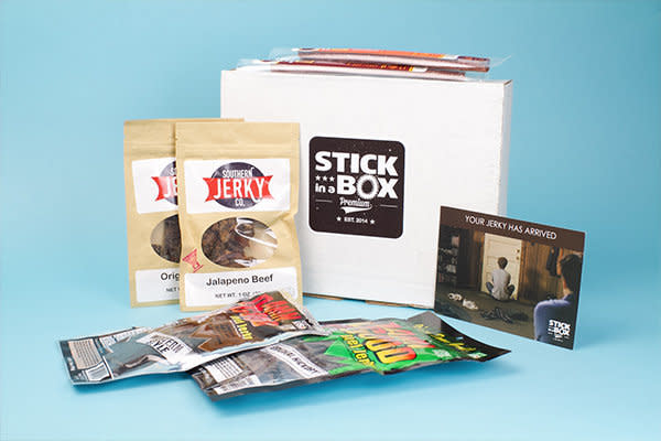 Starts at $15/month. Get premium beef jerky every month. Coose from 3 different subscription option for up to 21 delicious jerky products every month. Get <a href="https://www.cratejoy.com/subscription-box/stickinabox/" target="_blank">25% off any subscription for life with code <strong>HAPPYJERKY</strong></a>.&nbsp;