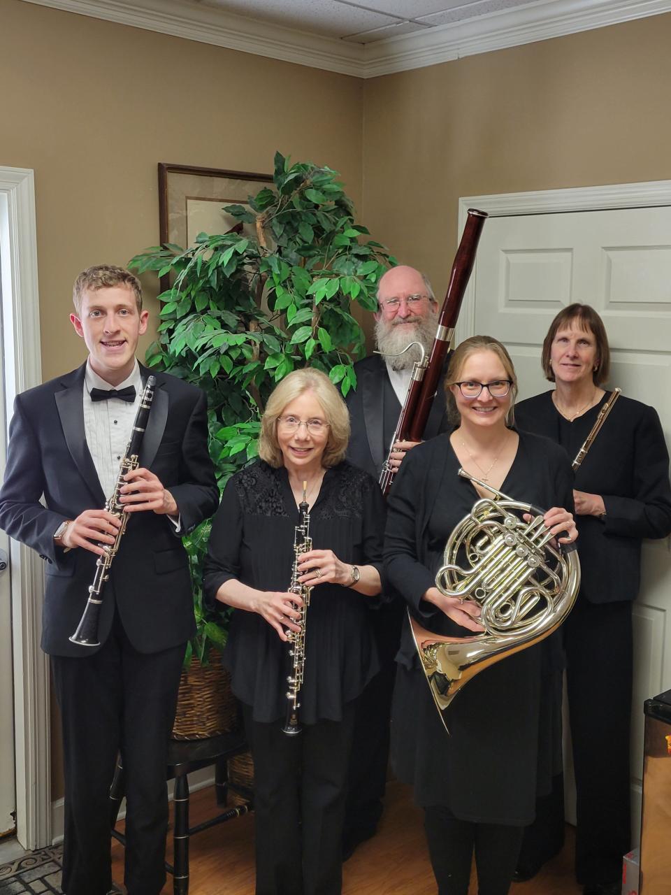 The Secret City Winds players include Barbara Sparks, flute; Noah Hylton, clarinet; Cyndi Jeffers, oboe; Lee Robertson, bassoon, and Beth Platfoot, horn.