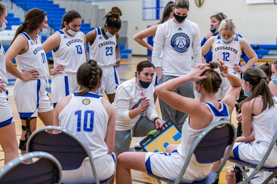 Catholic Memorial varsity coach Nikki Nellen talks with players during the game against Kettle Moraine Lutheran at Brookfield Central's 2020 Thanksgiving Shootout on Friday, Nov. 27.