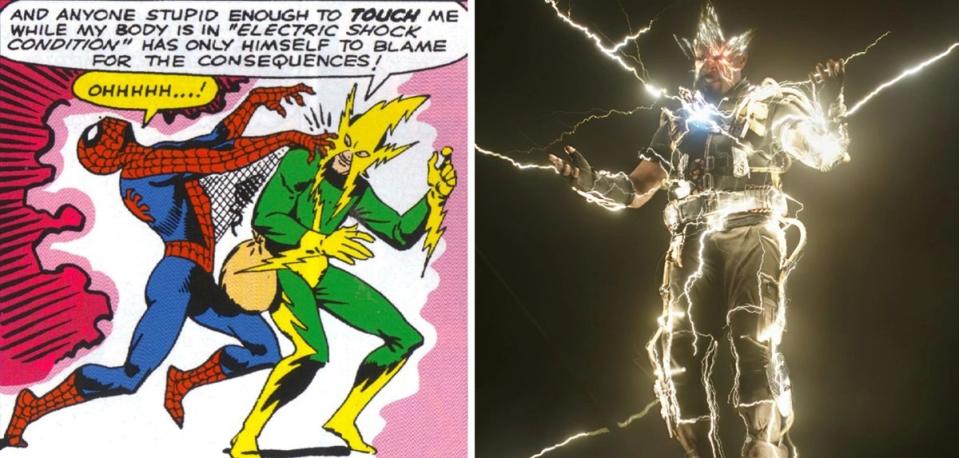 Electro in the pages of Marvel Comics (art by Steve Ditko) and in the MCU (played by Jamie Foxx). 