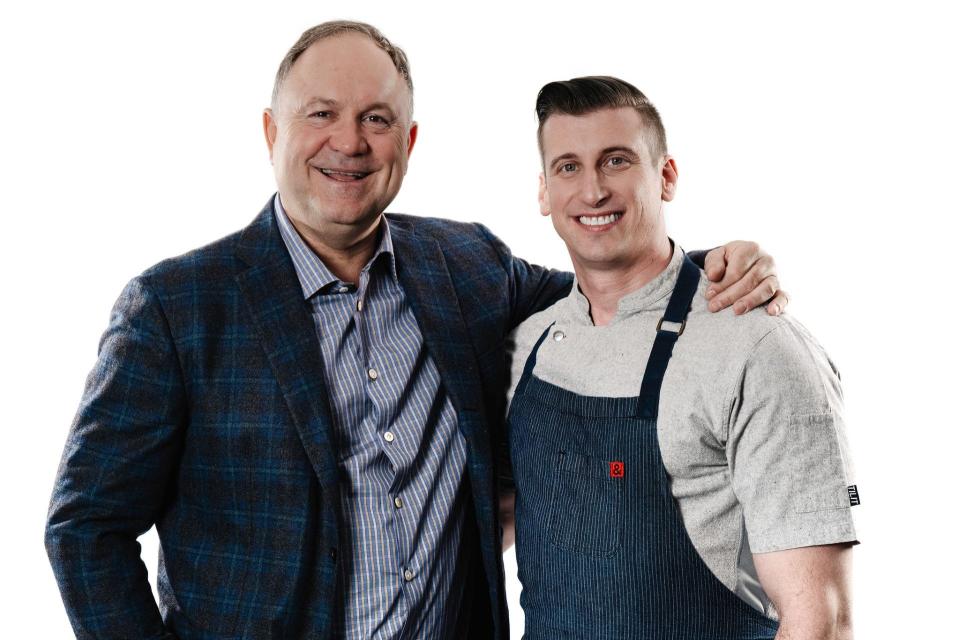 Athletic club owner D.J. Bosse, left, is teaming with acclaimed chef Chris Coombs to bring a combination of advanced dining options and pickleball to the Natick Mall.