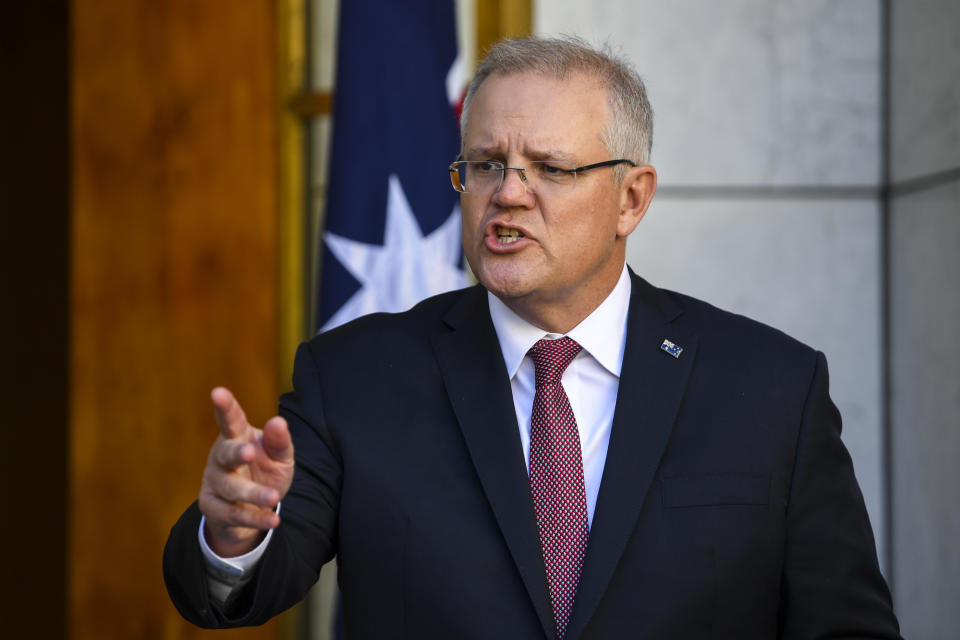 Scott Morrison speaks during a press conference at Parliament House in Canberra.