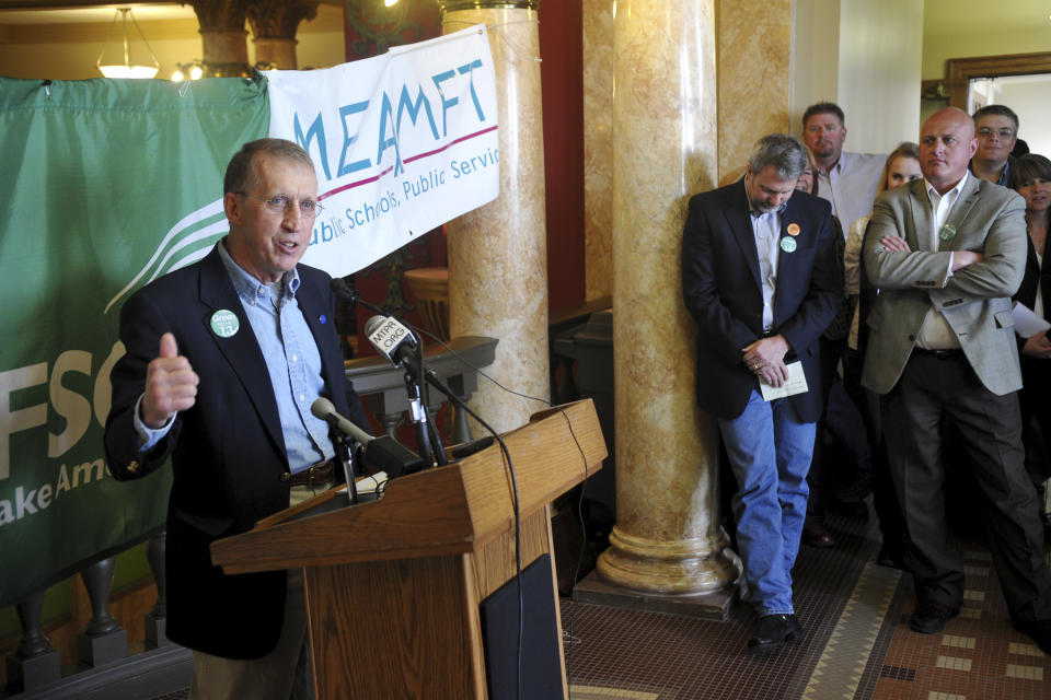 In this May 25, 2011 photo Eric Feaver president of the MEA-MFT, speaks to state employees at the state Capitol in Helena, Mont. Feaver and other education interests lobbied against a bill that would have provided $15 million in funding for public and private preschools in Montana, derailing one of Democratic Gov. Steve Bullock's top priorities. Education groups support funding only public preschools. (Dylan Brown/Independent Record via AP)