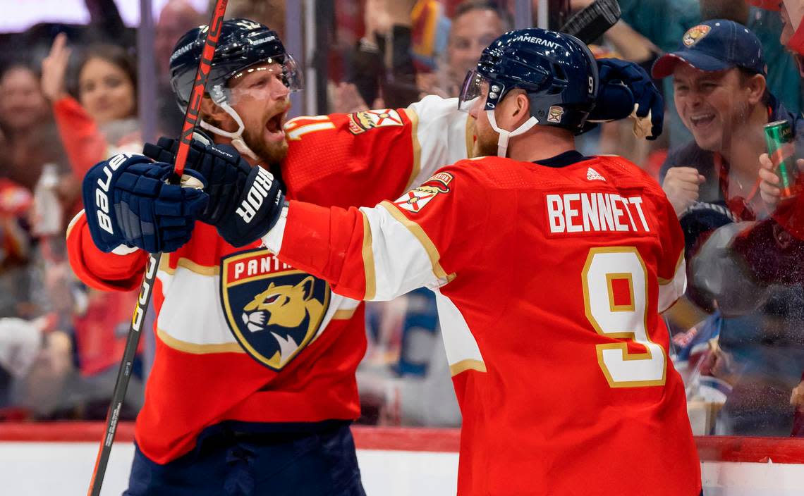 Florida Panthers center Eric Staal (12) and center Sam Bennett (9) celebrate after scoring a goal against the Colorado Avalanche during the second period of an NHL game at the FLA Live Arena on Saturday, Feb. 11, 2023, in Sunrise, Fla.