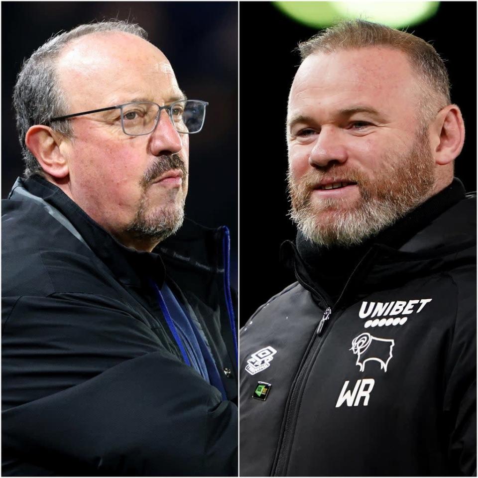Rafael Benitez, left, is out at Everton with Wayne Rooney a contender to replace him (Richard Sellers/Zac Goodwin/PA)