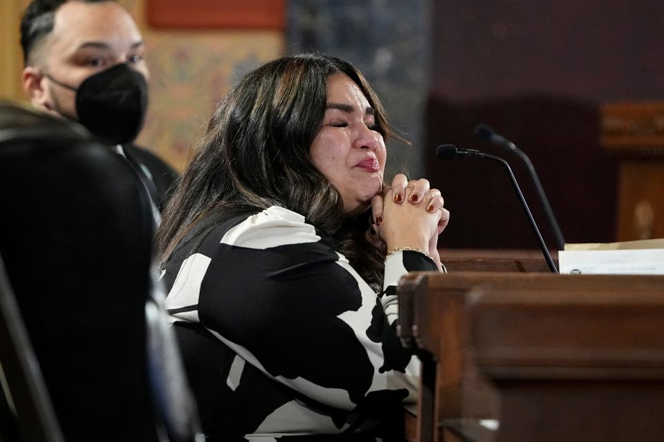 Jan 9, 2023; Columbus, OH, USA;  City councilmember Lourdes Barroso de Padilla gets emotional as she responds to public comments about the police handling of recent deaths, including those of Sinzae Reed and Donovan Lewis, during a Columbus City Council meeting at City Hall. Mandatory Credit: Adam Cairns-The Columbus Dispatch