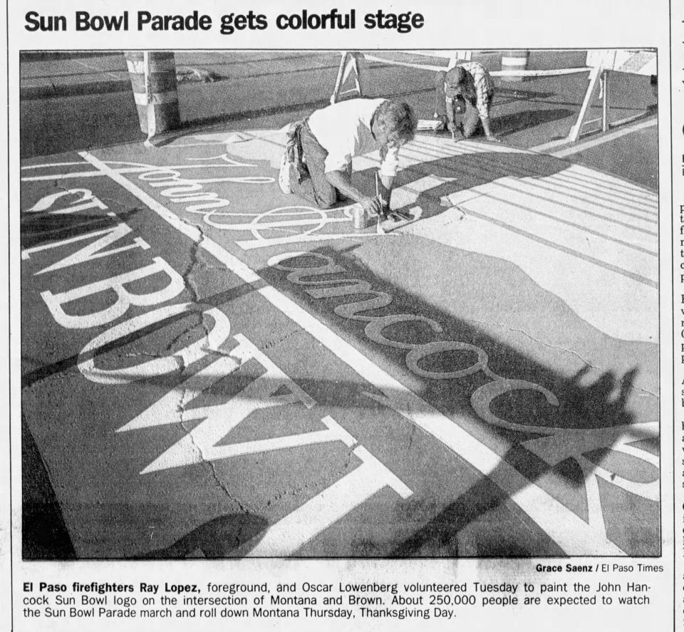 1988: El Paso firefighters Ray Lopez, foreground, and Oscar Lowenberg volunteered to paint the John Hancock Sun Bowl logo on the intersection of Montana and Brown. About 250,000 people are expected to watch the Sun Bowl Parade march and roll down Montana Thanksgiving Day.
