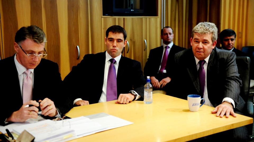 Geoff Bellew (L) at the NRL judiciary in 2008. Bellew will oversee Billy Slater’s hearing on Tuesday