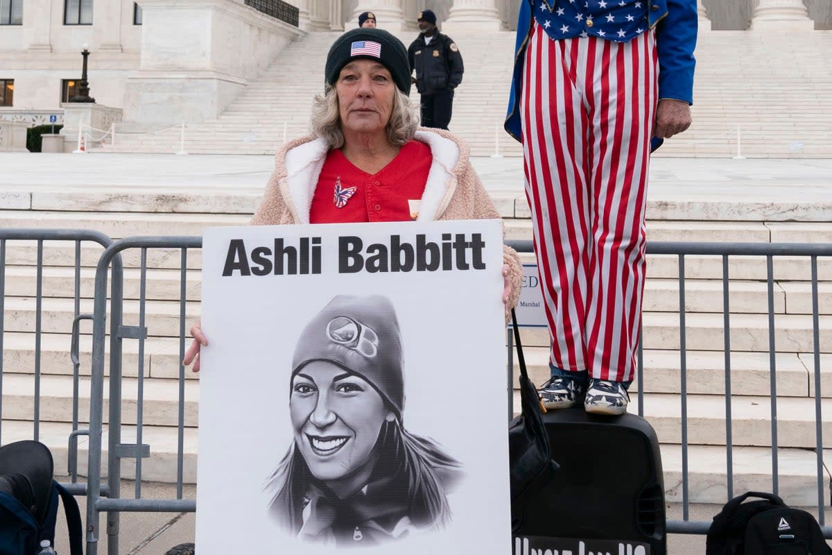 File: Ashli Babbitt’s mother at a protest outside the supreme court  (Copyright 2023 The Associated Press. All rights reserved.)