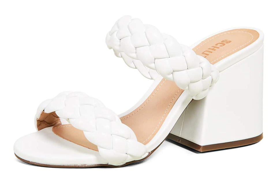 white sandals, heels, braided, white, schutz