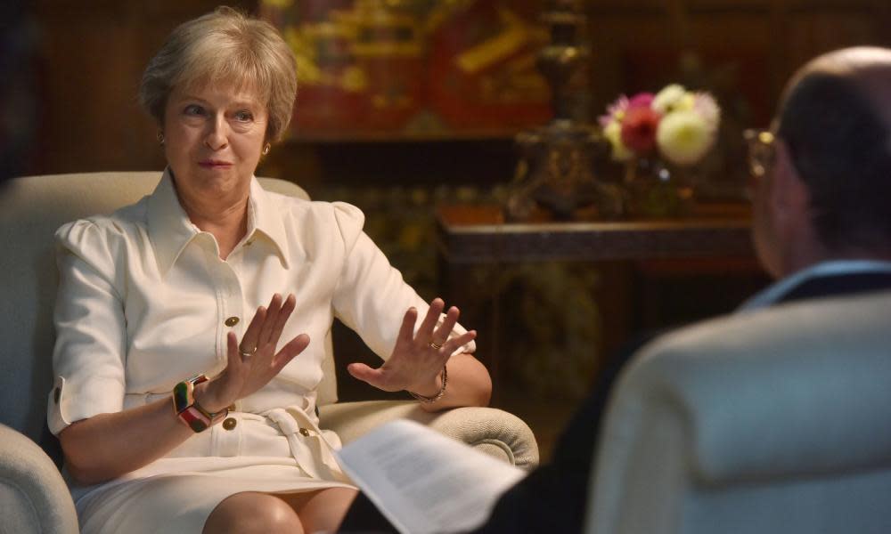 Theresa May being interviewed by Nick Robinson at Chequers for the BBC.