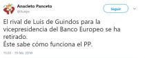 <p>Muchos usuarios han utilizado como chiste el hecho de que su principal rival para ocupar el cargo, el irlandés Philip Lane, retirara su candidatura. (Foto: Twitter / <a rel="nofollow noopener" href="https://twitter.com/Xuxipc" target="_blank" data-ylk="slk:@Xuxipc;elm:context_link;itc:0;sec:content-canvas" class="link "><span>@Xuxipc</span></a>) </p>