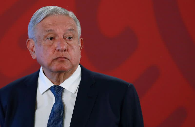 Mexico's President Andres Manuel Lopez Obrador attends a news conference at the National Palace in Mexico City